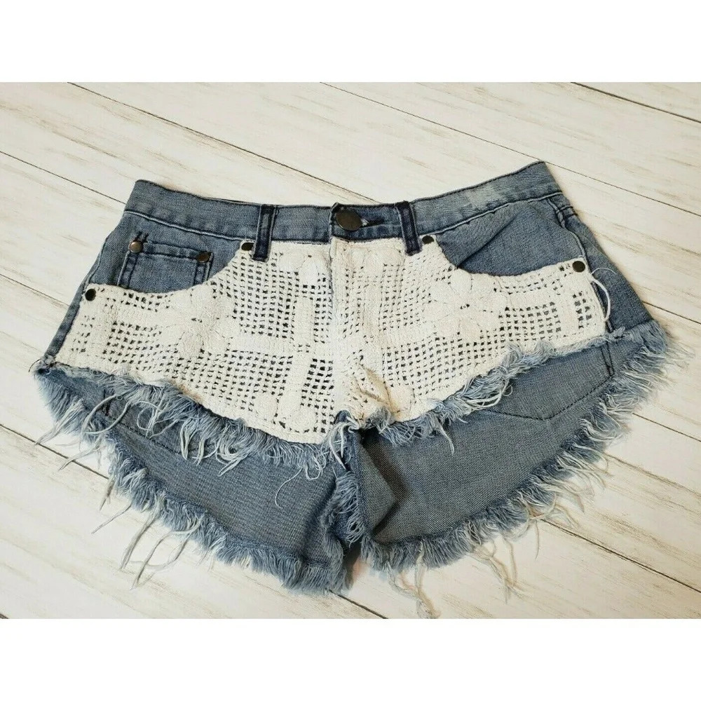 Tobi Crochet Knit Denim Shorts Festival Blue Jean